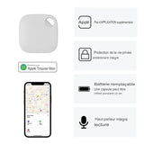 Étiquette intelligente blanche et application Apple Find My, avec options de protection de la vie privée et batterie remplaçable