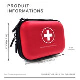 Trousse de premiers soins rouge avec dimensions indiquées, compacte et portable pour le camping
