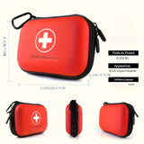 Trousse de premiers secours rouge avec dimensions et poids indiqués, montrant sa portabilité et son design compact