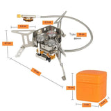 Réchaud à trois têtes avec dimensions et boîtier de transport orange