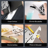 Utilisation de la pince multi outils pour ouvrir une bouteille, couper une ceinture et une boîte