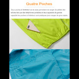 Veste de randonnée verte et bleue montrant les quatre poches pour ranger des articles divers
