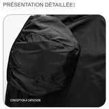 Veste imperméable noire avec capuche, présentation détaillée de la capuche