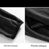 Veste imperméable noire montrant la manchette rétractable et la poche oblique pour un accès facile