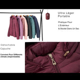 Vestes matelassées de différentes couleurs accrochées, vue détaillée de la capuche