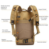 Vue arrière d’un sac à dos tactique avec détails des sangles et fixations