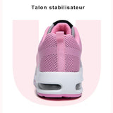 Vue arrière des chaussures de sport roses pour femmes avec talon stabilisateur