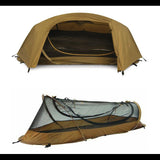 Vue avant et latérale de la tente de camping avec moustiquaire intégrée