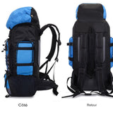 Vue latérale et arrière d'un sac à dos de randonnée 90L bleu et noir