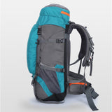 Vue latérale du sac à dos de camping 65 L bleu avec poches et sangles de compression