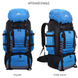 Vue d'angle d'un sac à dos de randonnée 90L bleu et noir