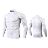 T-shirt de compression blanc pour homme, vue avant et arrière, manches longues, col roulé