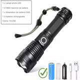 Lampe de poche LED XHP100 avec accessoires inclus, batterie rechargeable et câble USB