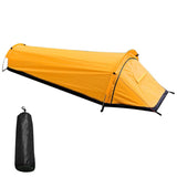 Tente de camping jaune pour une personne avec sac de transport noir