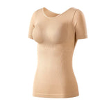 Sous-vêtements thermiques sans couture pour femme, manches courtes, beige