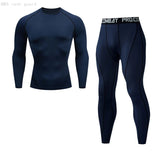 Sous-vêtements de compression bleus pour hommes, ensemble de deux pièces, vue avant et arrière