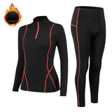 Ensemble noir de sous-vêtements thermiques pour femmes avec coutures rouges, adapté pour activités hivernales