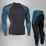 Sous-vêtements de compression noirs pour hommes avec manches décorées en bleu, vue avant et arrière