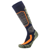Chaussette thermique en coton coloris bleu et vert avec détails orange, vue latérale