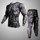 Sous-vêtements de compression noir avec manches et jambes à motifs bleus et gris, vue de face et de dos