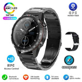 Montre connectée noire avec écran AMOLED de 1,6 pouces, suivi GPS, contrôle d'accès NFC, et bracelet métallique noir