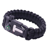 Bracelet boussole de survie noir en paracorde avec grattoir intégré
