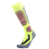 Chaussette thermique en coton coloris vert fluo et violet avec motifs noirs, vue de côté