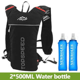 Sac à dos noir avec deux flasques souples de 500ML pour hydratation pendant la course