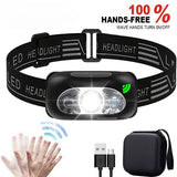 Mini lampe frontale LED noire avec capteur, câble USB et pochette de rangement incluse
