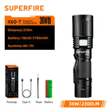Lampe de poche Superfire X60-T, faisceau 370 mètres, batterie 3700mAh et charge rapide USB