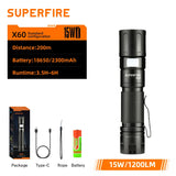 Lampe de poche Superfire X60 avec batterie 18650, câble USB Type-C et autonomie jusqu'à 6 heures
