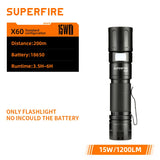 Lampe torche Superfire X60 avec faisceau lumineux 200 mètres et alimentation 18650